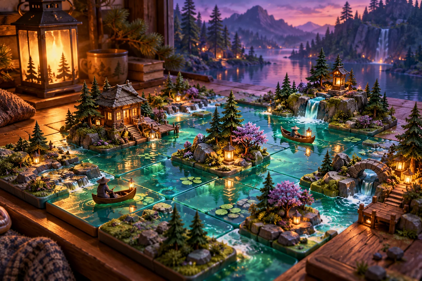 A miniature tiled lake glows beside a cabin lantern