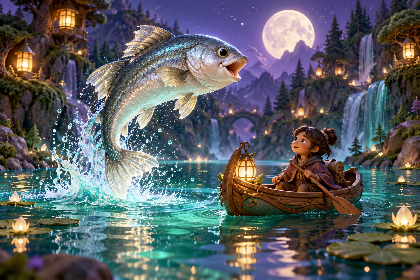 An imagined silver bass leaps beside a moonlit canoe