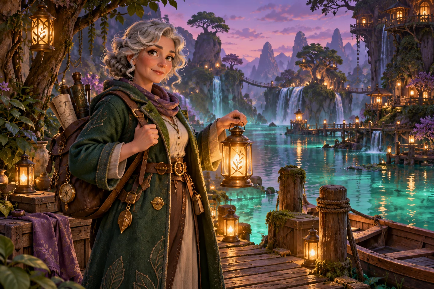 A silver-haired fictional guide carries a lantern on a forest dock