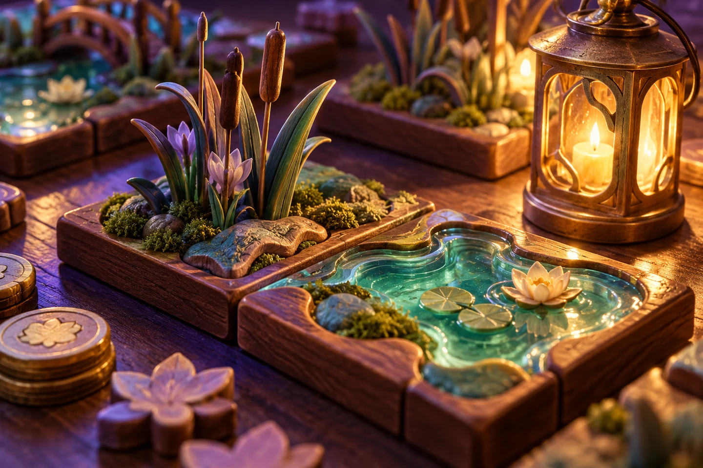 Carved reed and translucent pool tiles beside a brass lantern