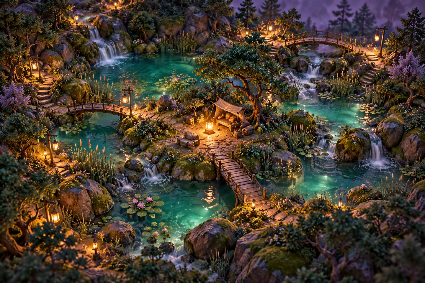 Interconnected woodland pools around a softly lit central camp