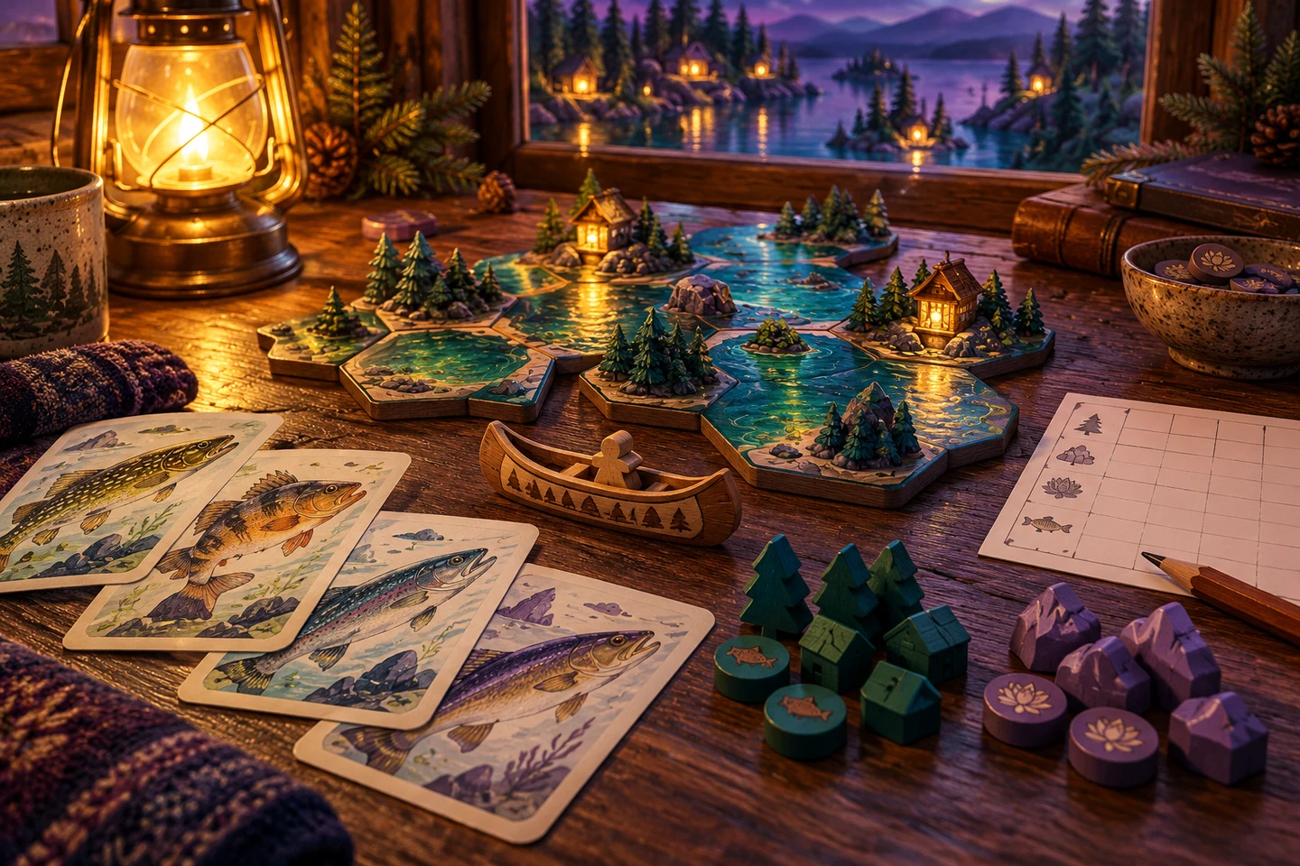 Painted fish cards, wooden pieces and a score sheet on a cabin table
