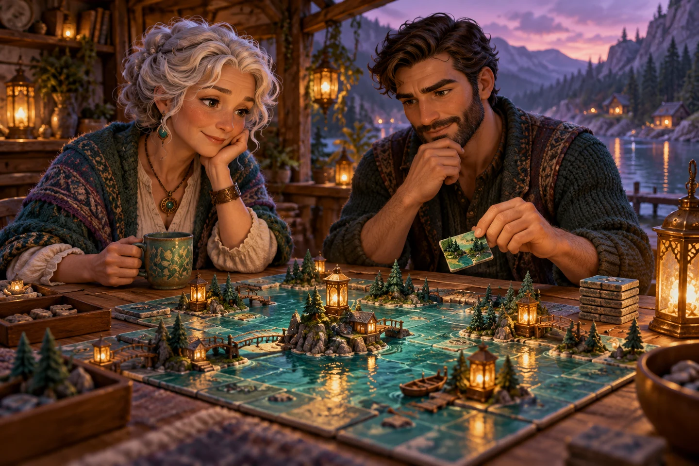 Two illustrated adult friends consider a lake-tile placement