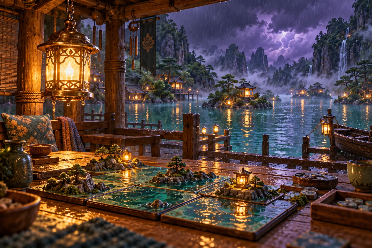 A sheltered lakeside game while a rainstorm passes