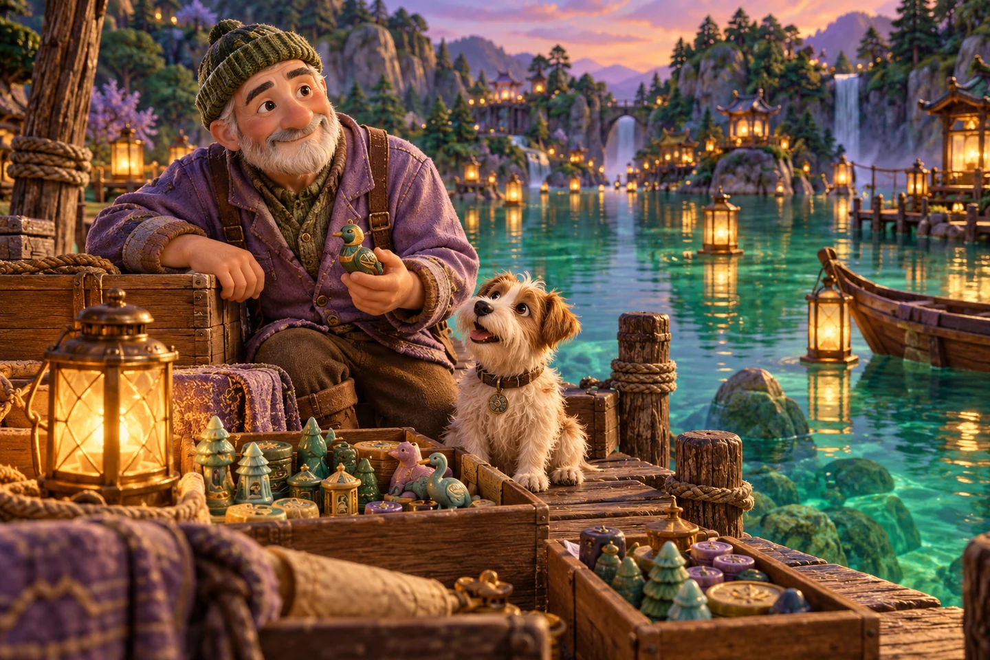 A friendly fictional keeper and dog beside a supply jetty