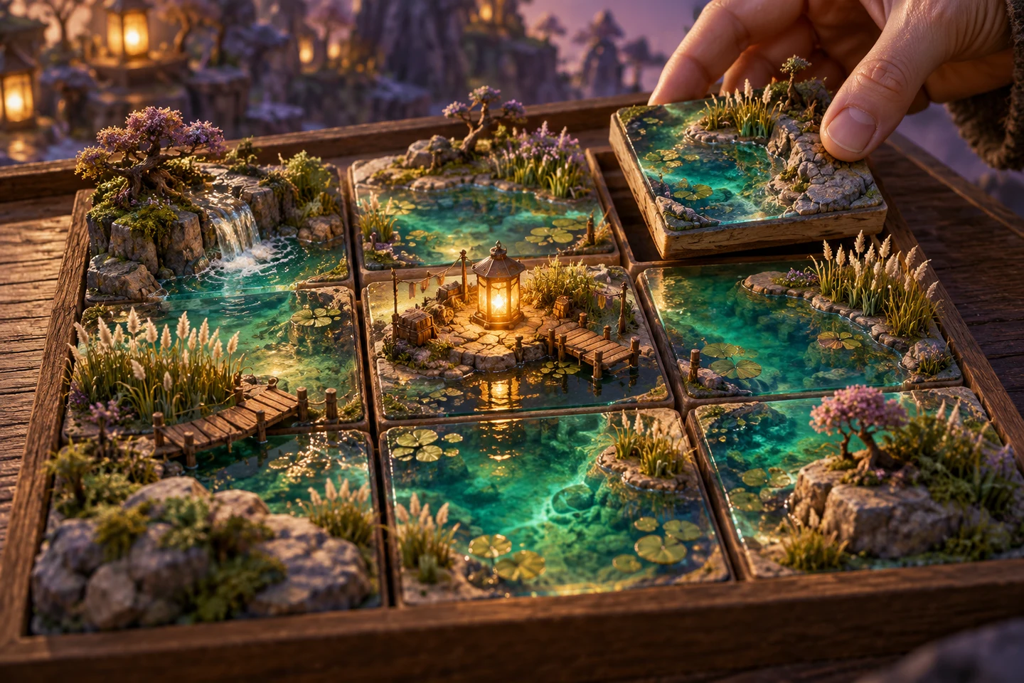 A hand places a painted square lake tile in a tabletop landscape